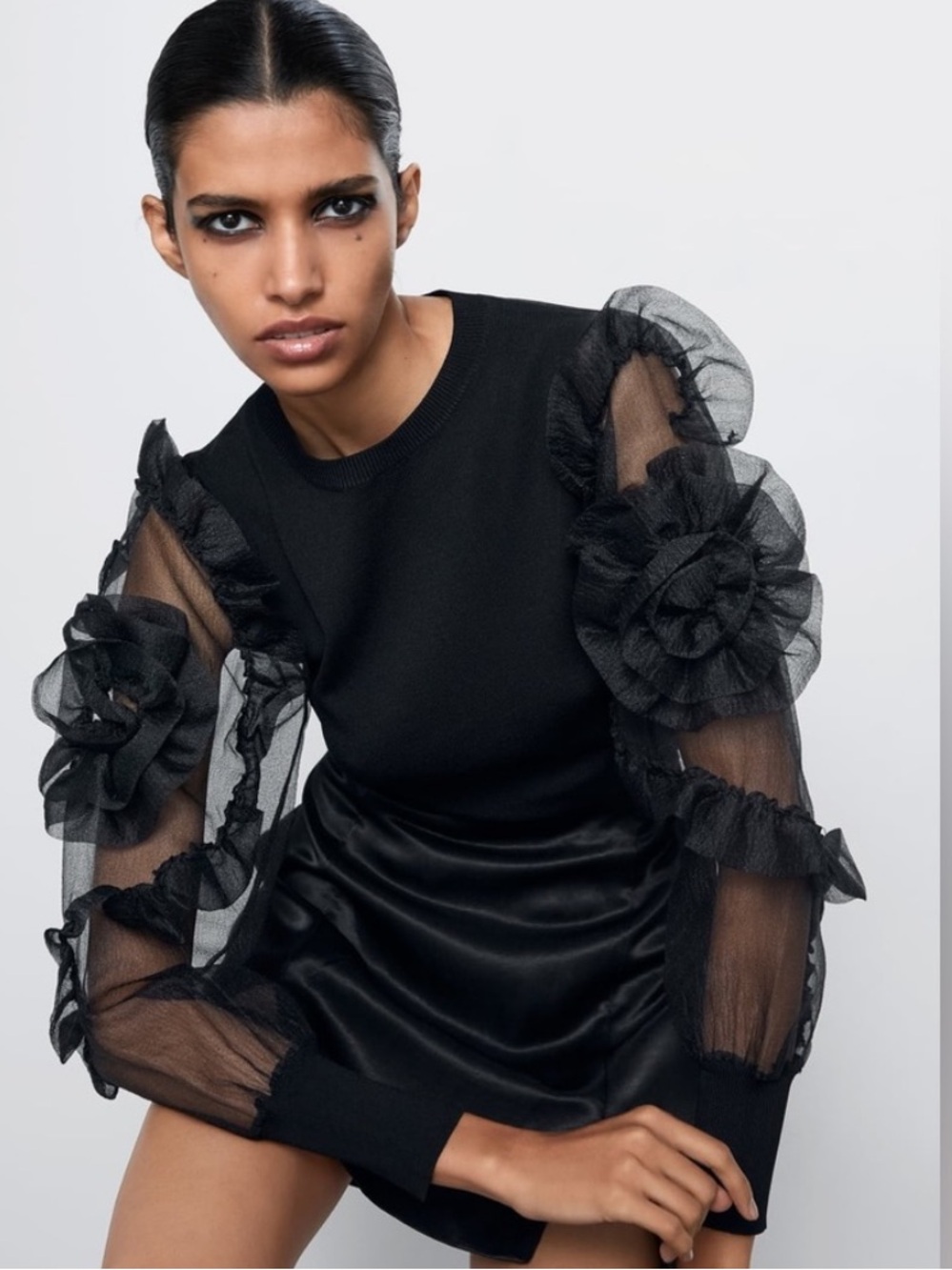 ZARA Organza Fleurette Rosette Sleeve Black Sweater Top S